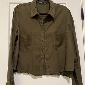 Junior Girl’s Olive Green Button-Up Shirt Size L Zara Basic